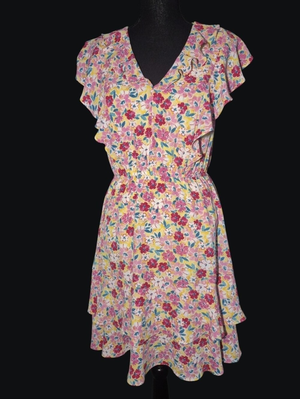 BCBG Paris Yellow Vibrant Floral Ruffle Flutter Sleeve Mini Dress - Size Small